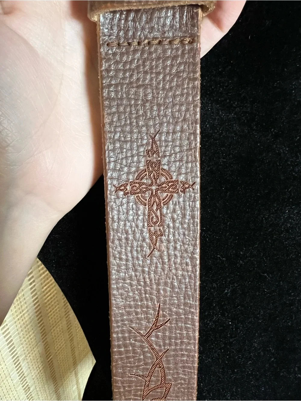 Vintage Leather Tribal Cross Laser Etched Belt Size 36 Made in USA Brown Y2K